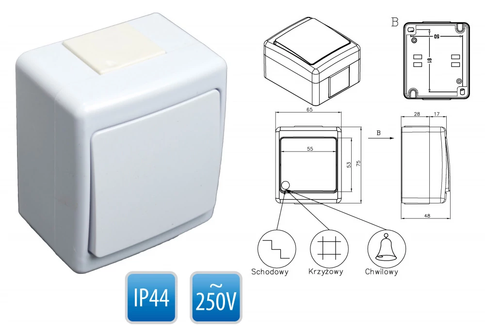 BETA 101 kültéri, vízmentes, fehér, falon kívüli egypólusú kapcsoló, IP44