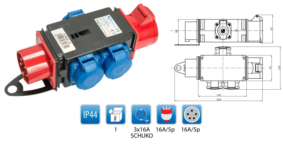 PAWBOL R-BOX MINI ipari elosztó-csatlakozóaljzat, 1x16A/5p dugvilla, 1x16A/5p aljzat, 3x250V