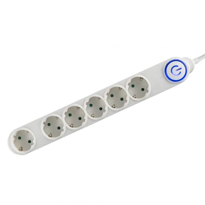 SOMOGYI Home NV 06TK/WH talpkapcsolós elosztó világító kapcsolóval, 1,5 m, H05VV-F 3G1,0 mm2 kábel, 6 aljzat gyermekvédelemmel, max. 3500W, fehér