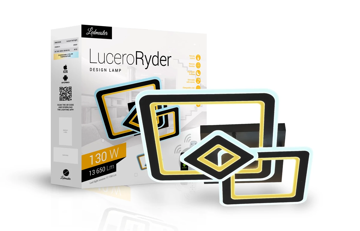 Lucero Ryder 130 W-os, 50 cm átmérőjű fekete LED távirányítós és mobil applikációval vezérelhető mennyezeti lámpa 5001B