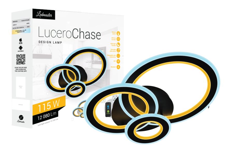 Lucero Chase 115 W-os, 50 cm átmérőjű fekete LED távirányítós és mobil applikációval vezérelhető mennyezeti lámpa 5002B