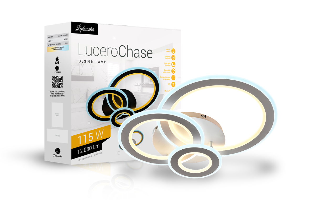 Lucero Chase 115 W-os, 50 cm átmérőjű fehér LED távirányítós és mobil applikációval vezérelhető mennyezeti lámpa 5002W