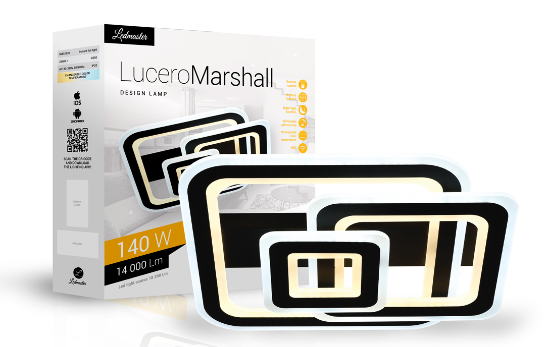 Lucero Marshall 140 W-os, 50 cm átmérőjű fekete LED távirányítós és mobil applikációval vezérelhető mennyezeti lámpa 5003B