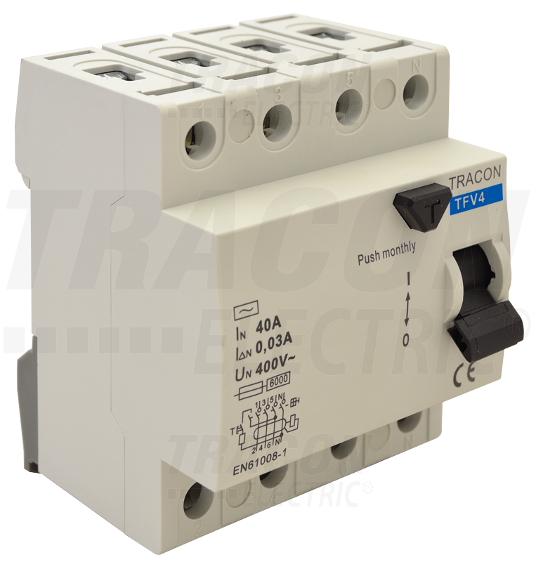 TRACON TFV4-25030 Áram-védőkapcsoló, 4P, 25A, 30mA, 6kA, AC