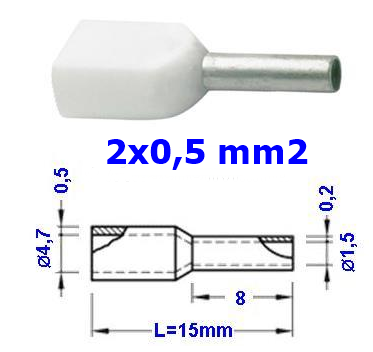 TRACON E20I Szigetelt (PA6.6) iker-érvéghüvely, ónoz. elektr.réz, fehér 2×0,5mm2, l=8mm