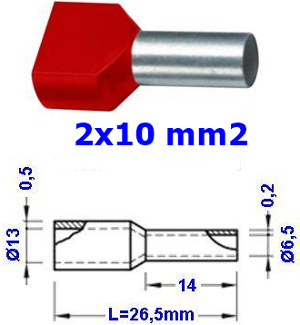 TRACON E24I Szigetelt (PA6.6) iker-érvéghüvely, ónoz. elektr.réz, piros 2×10mm2, l=14mm