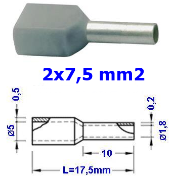 TRACON  E50I Szigetelt (PA6.6) iker-érvéghüvely, ónoz. elektr.réz, szürke 2×0,75mm2, l=8mm