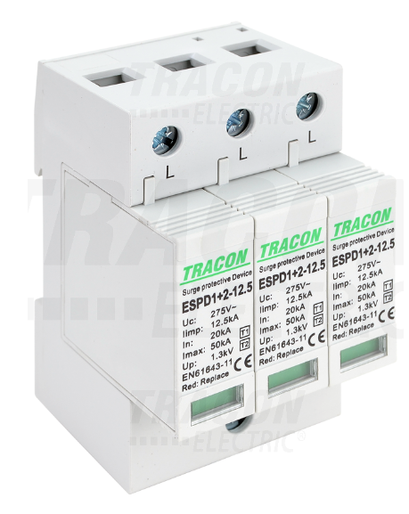 TRACON  ESPD1+2-12.5-3P T1+T2 AC típusú túlfeszültséglevezető, cserélhető betéttel