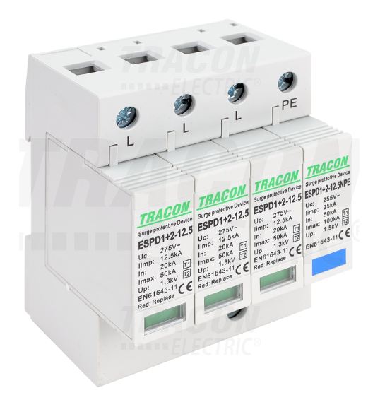 TRACON  ESPD1+2-12.5-3+1P T1+T2 AC típusú túlfeszültséglevezető, cserélhető betéttel