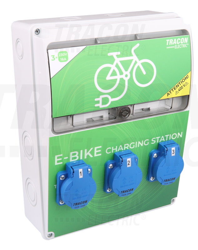 Tracon TBCS01, Elektromos kerékpár töltőállomás védelemmel RCCB,MCB,Out:3×SCHUKO
