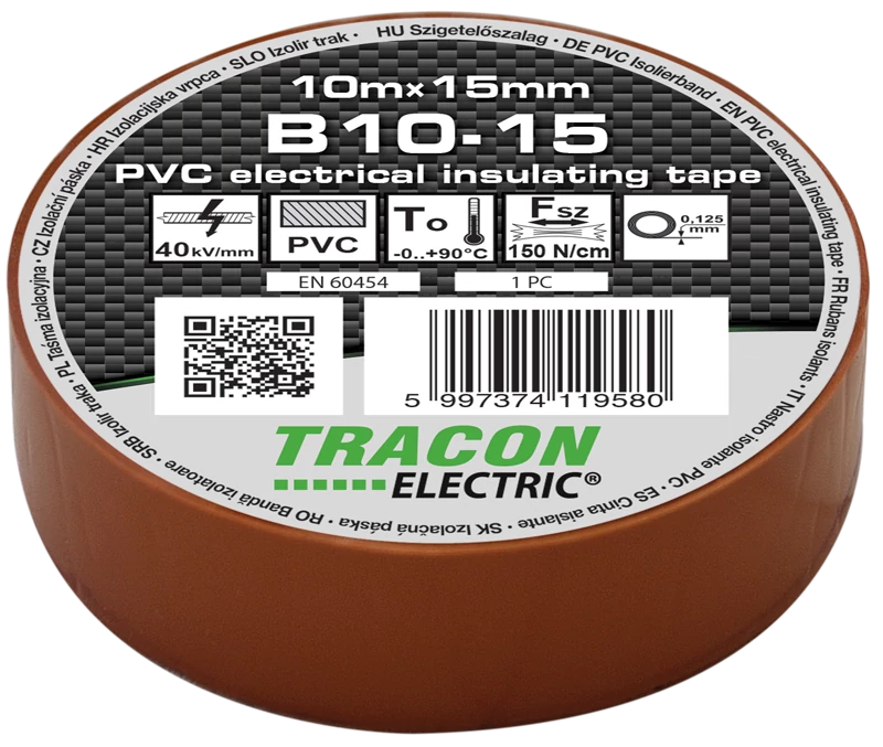 Tracon B10-15 Szigetelőszalag, barna 10m×15mm, PVC, 0-90°C, 40kV/mm