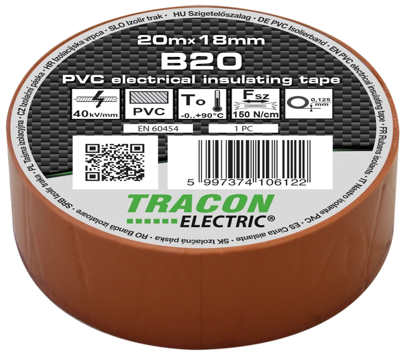 Tracon B20 Szigetelőszalag, barna 20m×18mm, PVC, 0-90°C, 40kV/mm