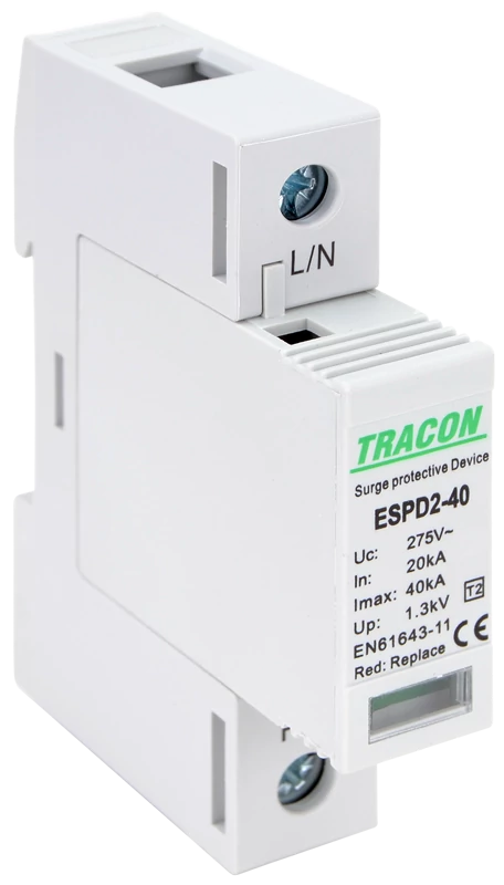 Tracon ESPD2-40-1P T2 AC típusú túlfeszültség levezető, cserélhető betéttel Uc:275V; In:20kA; Imax:40kA; Up:1,3kV; 1P