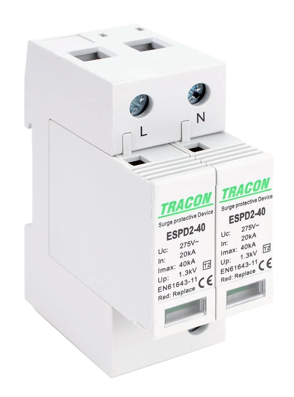 Tracon ESPD2-40-2P T2 AC típusú túlfeszültség levezető, cserélhető betéttel Uc:275V; In:20kA; Imax:40kA; Up:1,3kV; 2P