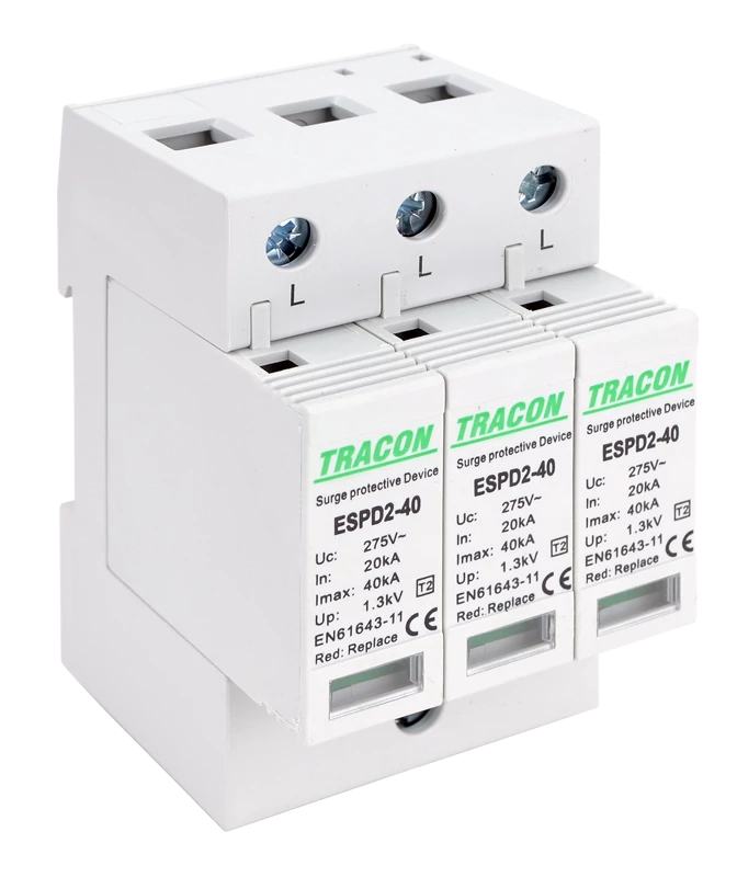 Tracon ESPD2-40-3P T2 AC típusú túlfeszültség levezető, cserélhető betéttel Uc:275V; In:20kA; Imax:40kA; Up:1,3kV; 3P