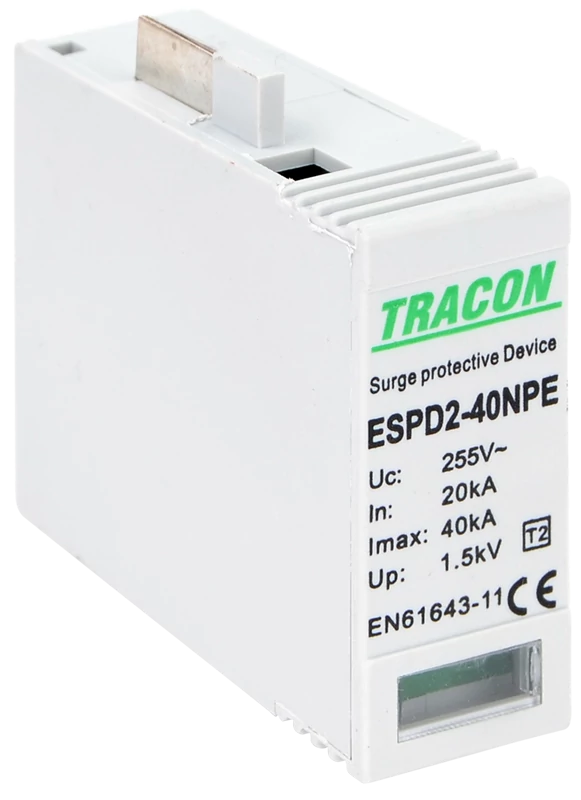 Tracon ESPD2-40NPE T2 AC típusú túlfeszültség levezető betét 40 NPE Uc:275/255V; In:20kA; Imax:40kA; Up:1,3/1,5kV