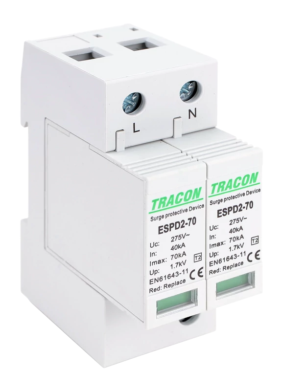 Tracon ESPD2-70-2P T2 AC típusú túlfeszültség levezető, cserélhető betéttel Uc:275V; In:40kA; Imax:70kA; Up:1,7kV; 2P