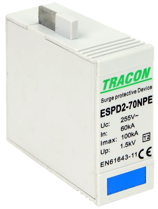 Tracon ESPD2-70NPE T2 AC típusú túlfeszültség levezető betét 70 NPE Uc:275/255V; In:40kA; Imax:70kA; Up:1,7/1,5kV