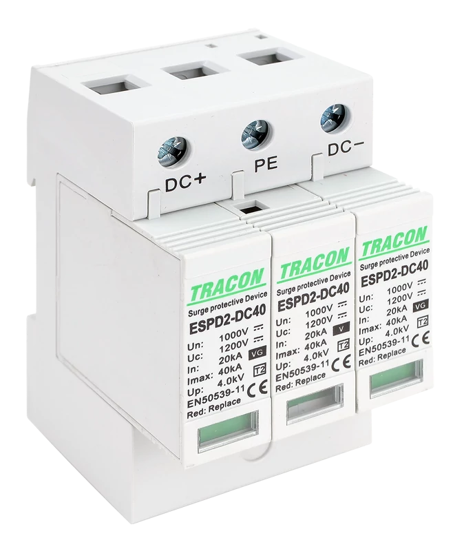 Tracon ESPD2-DC40-1000 T2 DC típusú túlfeszültség levezető, cserélhető betéttel Ucpv: 1200V; In:20kA; Imax:40kA; Up:4kV