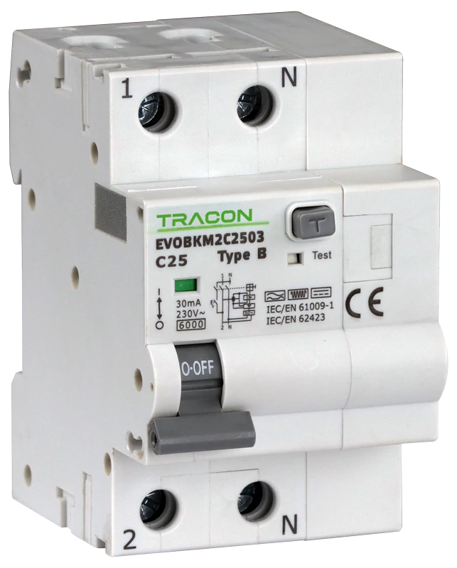 Tracon EVOBKM2C1603 Kombinált védőkapcsoló, 2P, 3modul, C karakterisztika C16A, 30 mA, 6kA, C