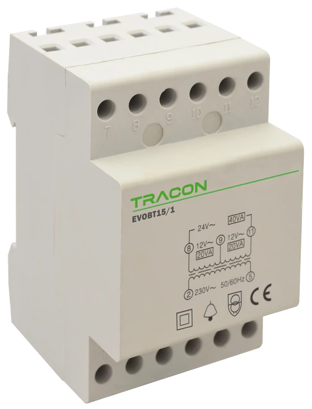 Tracon EVOBT24/1 Biztonsági (csengő) transzformátor 230V/12-24V AC, Psmax.:15VA, Is:0,62A