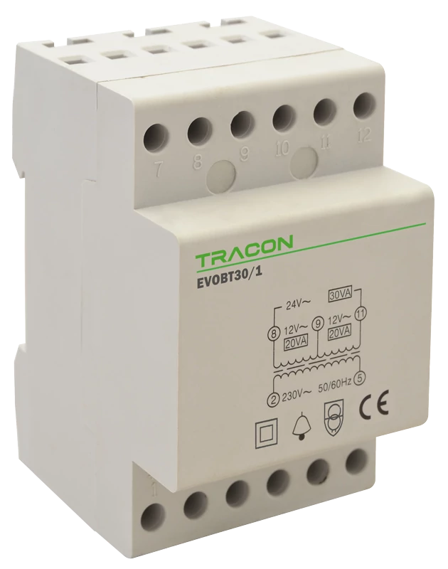 Tracon EVOBT30/1 Biztonsági (csengő) transzformátor 230V/12-12-24V AC, Psmax.:30VA, Is:1,25A