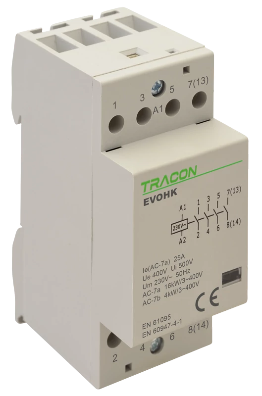 Tracon EVOHK4-25 Installációs kontaktor 230V, 50Hz, 2 Mod, 4×NO, AC1/AC7a, 25A,