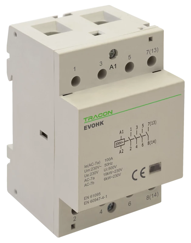 Tracon EVOHK4-40 Installációs kontaktor 230V, 50Hz, 3 Mod, 4×NO, AC1/AC7a, 40A,