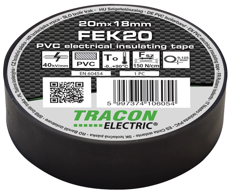 Tracon FEK20 Szigetelőszalag, fekete 20m×18mm, PVC, 0-90°C, 40kV/mm