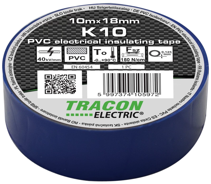 Tracon K10 Szigetelőszalag, kék 10m×18mm, PVC, 0-90°C, 40kV/mm