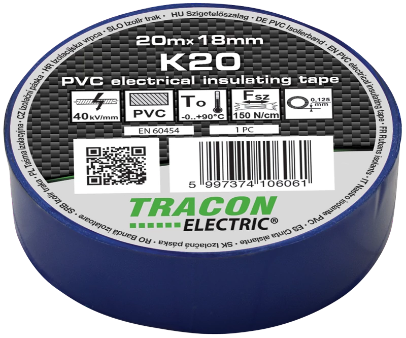 Tracon K20 Szigetelőszalag, kék 20m×18mm, PVC, 0-90°C, 40kV/mm