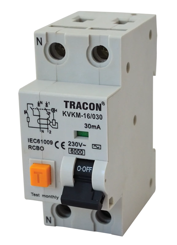 Tracon KVKM-20/100 Kombinált védőkapcsoló, 2P, 2 modul, C karakterisztika 20A, 100 mA, 6kA, AC