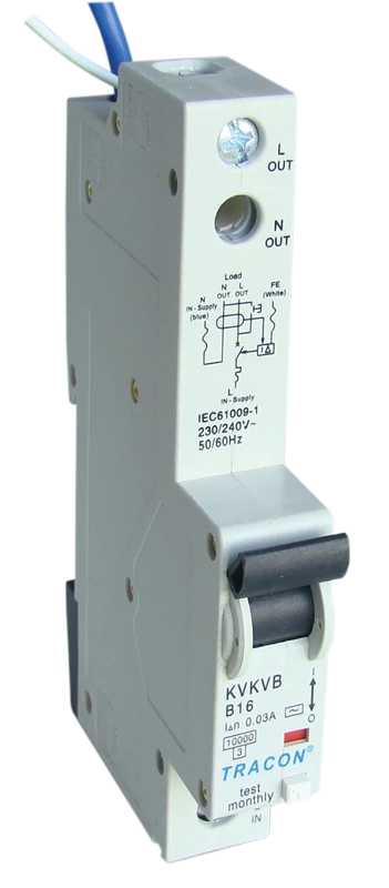 Tracon KVKV-16/10 Kombinált védőkapcsoló, 2P, 1 modul, C karakterisztika 16A, 100mA, 10kA, AC, E3