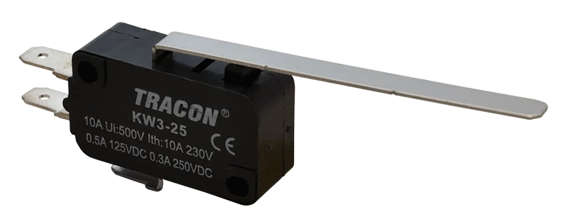 Tracon KW3-25 Helyzetkapcsoló, mikro, rugószáras 1×CO 10A/230VAC, 0,3A/250VDC, 52mm, 4,8x0,5 mm, IP00