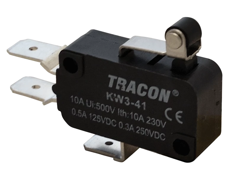 Tracon KW3-41 Helyzetkapcsoló, mikro, karos-görgős 1×CO 10A/230VAC, 0,3A/250VDC, 15mm, 6,3x0,8 mm, IP00