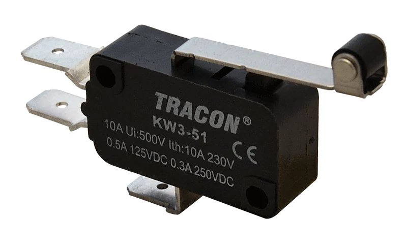 Tracon KW3-51 Helyzetkapcsoló, mikro, karos-görgős 1×CO 10A/230VAC, 0,3A/250VDC, 28mm, 6,3x0,8 mm, IP00