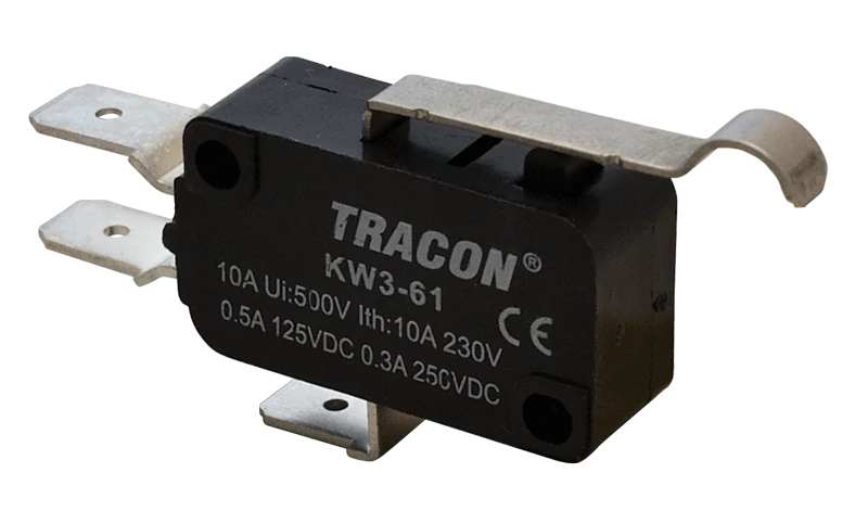 Tracon KW3-61 Helyzetkapcsoló, mikro, íves-rugószár 1×CO 10A/230VAC, 0,3A/250VDC, 28mm, 6,3x0,8 mm, IP00