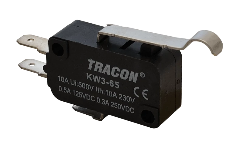 Tracon KW3-65 Helyzetkapcsoló, mikro, íves-rugószár 1×CO 10A/230VAC, 0,3A/250VDC, 28mm, 4,8x0,5 mm, IP00