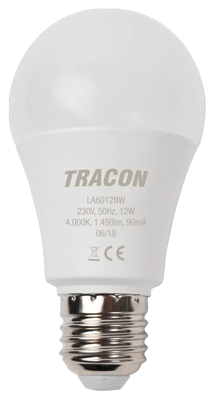 Tracon LA6012NW Gömb burájú LED fényforrás 230 V, 50 Hz, 12 W,4000 K, E27, 1450 lm, 200°, A60, EEI=E