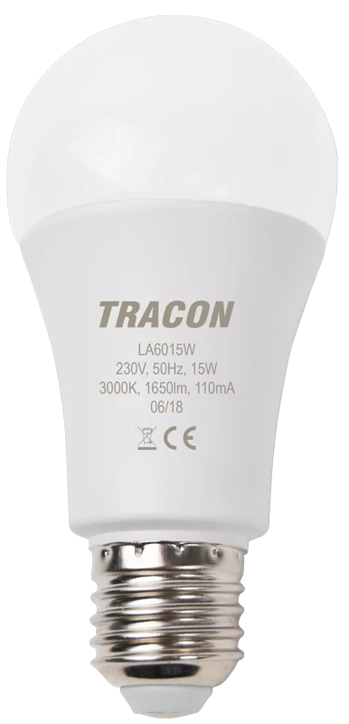 Tracon LA6015NW Gömb burájú LED fényforrás 230 V, 50 Hz, 15 W, 4000 K, E27, 1650 lm, 200°, A60, EEI=E