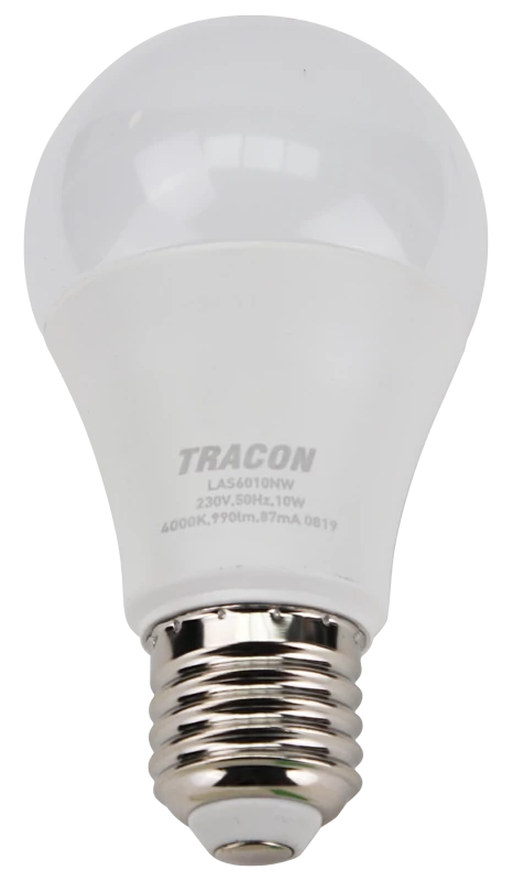 Tracon LAS6010NW Gömb burájú LED fényforrás SAMSUNG chippel 230V,50Hz,10W,4000K,E27,990 lm,200°,A60,SAMSUNG chip, EEI=F