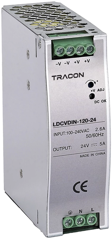 Tracon LDCVDIN-120-24 DIN sínre szerelhető tápegységszabályozható DC kimenettel 100-240VAC,2,6A/DC24V,5A/120W