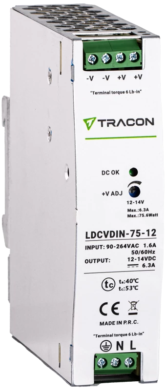 Tracon LDCVDIN-75-12 DIN sínre szerelhető tápegységszabályozható DC kimenettel 90-264VAC,1,6A/DC12V,6,3A/75W