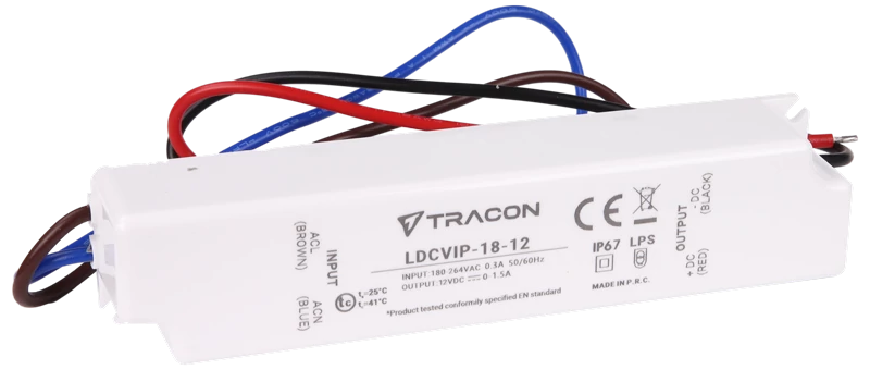 Tracon LDCVIP-18-12 Védett műanyag házas LED meghajtó 180-264VAC/12 VDC,18W,0-1,5A, IP67