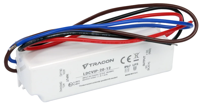 Tracon LDCVIP-20-12 Védett műanyag házas LED meghajtó 90-264VAC/12VDC,20W,0-1,67A, IP67