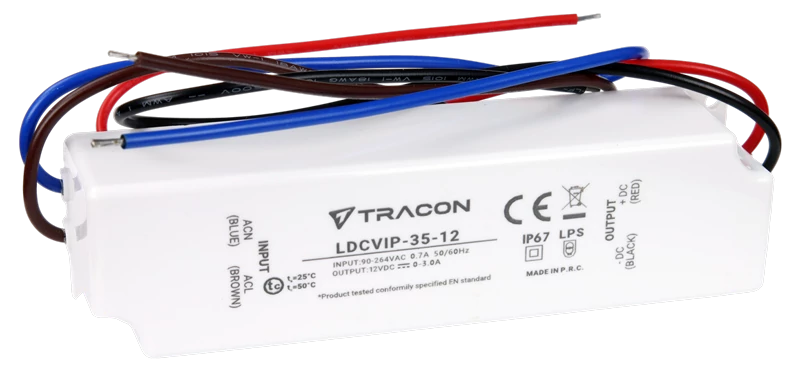 Tracon LDCVIP-35-12 Védett műanyag házas LED meghajtó 90-264VAC/12 VDC,35W,0-3A, IP67