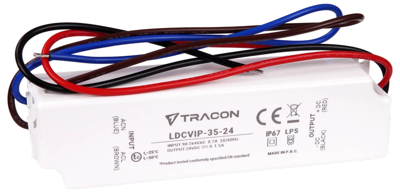 Tracon LDCVIP-35-24 Védett műanyag házas LED meghajtó 90-264VAC/24VDC,35W,0-1,5A, IP67