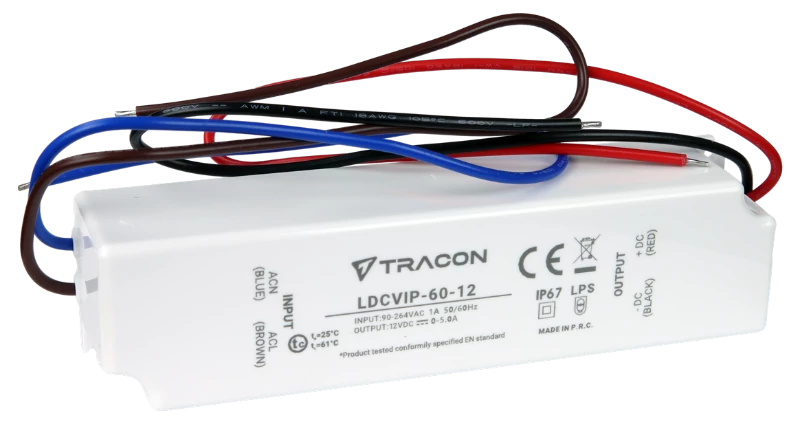 Tracon LDCVIP-60-12 Védett műanyag házas LED meghajtó 90-264VAC/12VDC,60W,0-5A, IP67