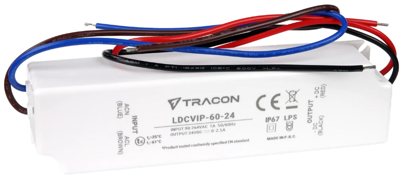 Tracon LDCVIP-60-24 Védett műanyag házas LED meghajtó 90-264VAC/24VDC,60W,0-2,5A, IP67