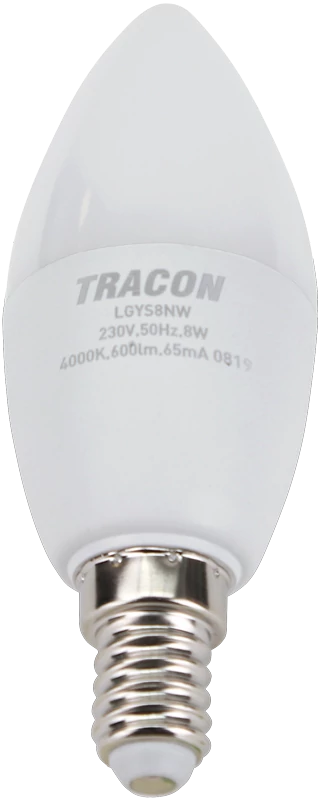 Tracon LGYS8W Gyertya búrájú LED fényforrásSAMSUNG chippel 230V,50Hz,8W,3000K,E14,710lm,180°,C37,SAMSUNG chip, EEI=F